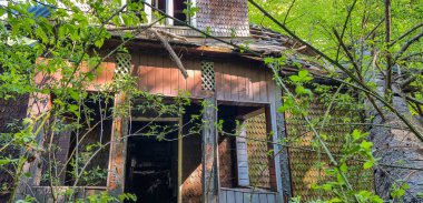 Dağlık bir ormanda terk edilmiş bir bina.