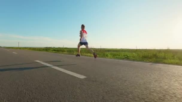 Pohled Zezadu Silného Mladého Sportovce Který Účastní Maratonu Běžec Sportovním — Stock video