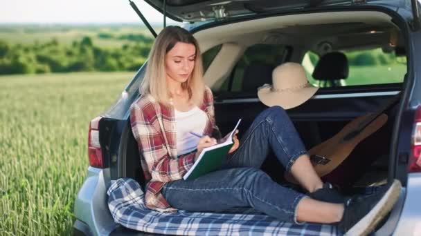 Widok Boku Młodej Damy Podróżującej Samochodem Piszącej Robiącej Notatki Blondynka — Wideo stockowe