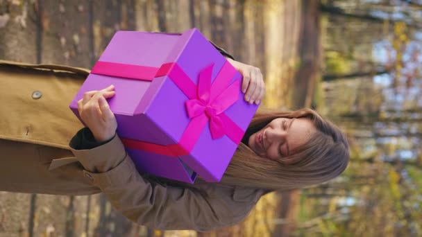 Side View Happy Lady Standing Park Holding Present Opening Beautiful — Video Stock