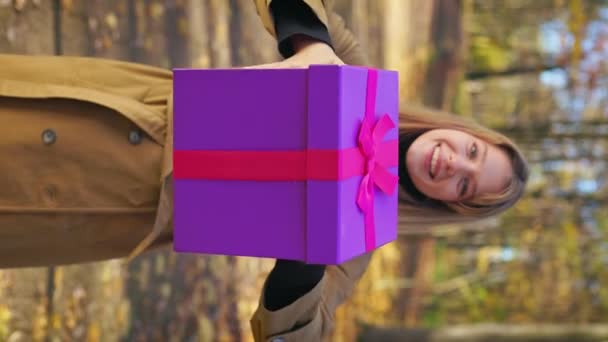 Front View Cheerful Cute Lady Stretching Hands Giving Present Beautiful — Stock videók