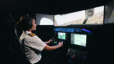 Side view of woman wearing uniform and earphones, flying, launching airplane. Busy, concentrated female pilot holding, turning wheel, leaning. Concept of aviation and aircraft.