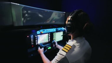 Back view of pilot holding, turning wheel, launching aircraft. Woman wearing uniform, in earphones, sitting working in cabin of airplane. Concept of aviation and aircraft.