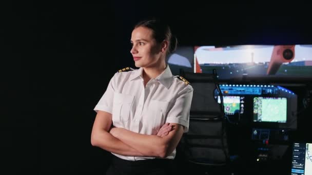 Front View Young Female Instructor Standing Cabin Aircraft Having Break — Stock Video