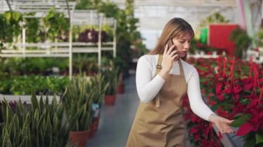Portakallı, serada yürüyen güzel, genç bir çiçekçinin ön görüntüsü. Üniforma giyen, akıllı telefonla konuşan, bitkilere dokunan güzel bir kadın. Bitki yetiştirme kavramı.