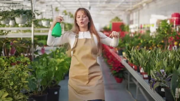 眼前的景象是快乐快乐的女人在温室里工作 享受工作 积极的女花匠喷洒植物 幸福和真诚感情的概念 — 图库视频影像