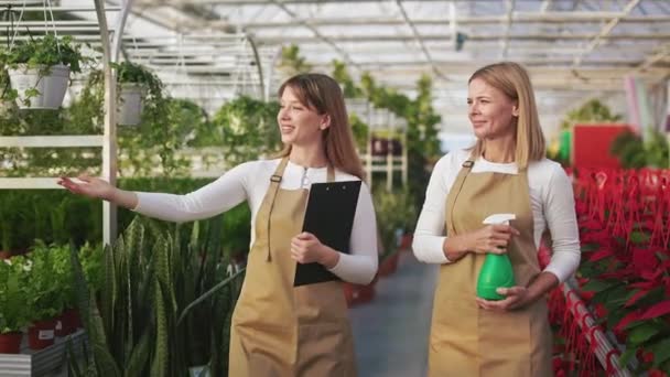 温室内を歩く2人の若い女性の花屋のフロントビュー 植物を調べます 魅力的な女性の制服を着て 話をし 指しています 楽しみ方の概念 — ストック動画
