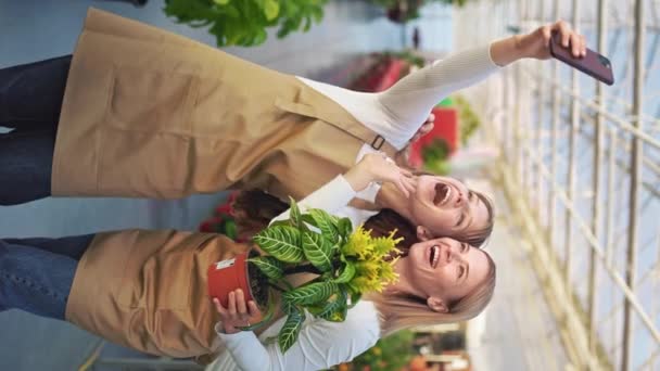 两个穿着围裙的积极的花匠在温室里自拍的侧视图 迷人的女士站着 捧着花盆 现代城市生活方式的概念 — 图库视频影像