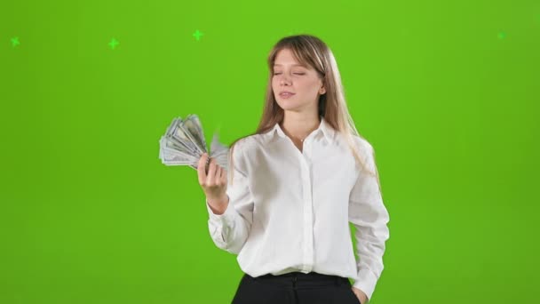 Vista Frontal Sucesso Mulher Rica Mostrando Dinheiro Moeda Segurando Mão — Vídeo de Stock