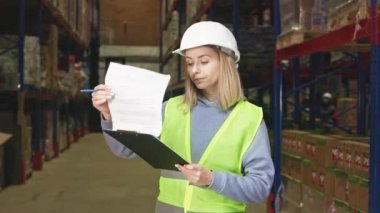 Elinde not panosuyla depo lojistiği işleten sarı saçlı, odaklanmış beyaz bir kadın. Rafların arasında duran beyaz kasketli ve yelekli kadın müfettiş..