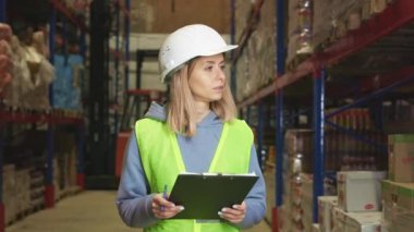 Yansıtıcı üniformalı deneyimli bir kadın yönetici elinde panoyla lojistik fabrikasında yürüyor. Malzeme kontrolleri sırasında not alan beyaz sarışın kadın..