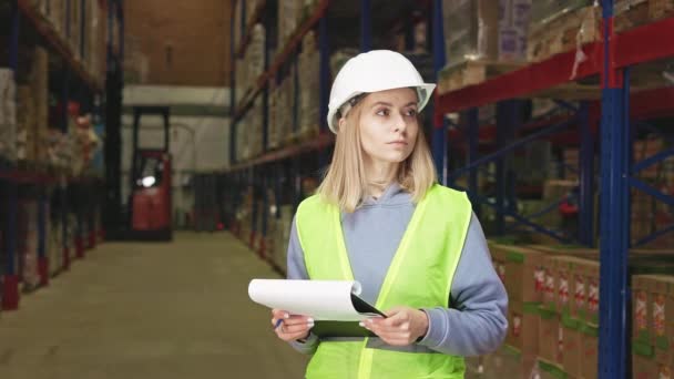 Experienced Warehouse Worker Safety Helmet Reflective Vest Counting Supplies Large — Stock Video