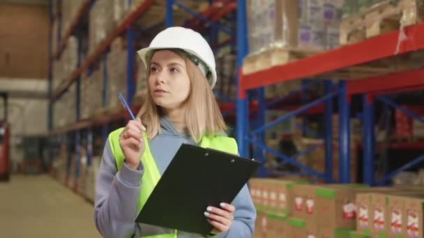Industrial Warehouse Employee Reflective Vest Safety Hardhat Standing Parcels Shelf — Stock Video