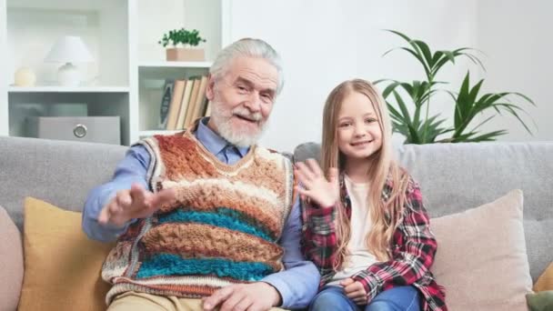 Retrato Casualmente Vestido Avô Feliz Neto Sentado Sofá Almofadado Sorrindo — Vídeo de Stock
