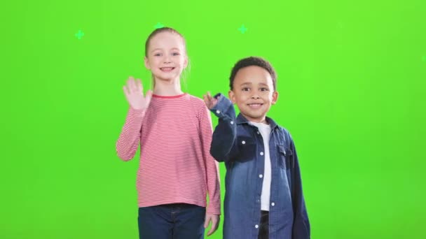 Ένα Μικρό Πολυφυλετικό Αγόρι Και Κορίτσι Χαιρετούν Ενώ Χαμογελούν Στο — Αρχείο Βίντεο