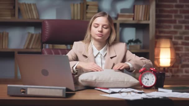 Tired Female Office Employee Fluffing Pillow Falling Asleep Young Caucasian — Stock Video