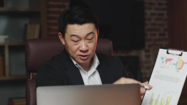 Stratejik Asyalı erkek yönetici iş arkadaşlarına çizelgeler ve grafiklerle sunuyor ve finansal analiz yapıyor. Ofisteki kişisel bilgisayarı kullanarak video konferansı düzenleyen proaktif iş adamı.