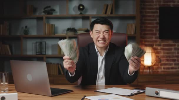 Excited Male Businessperson Keeping Dollar Banknotes Hands Showering Money Air — Video Stock