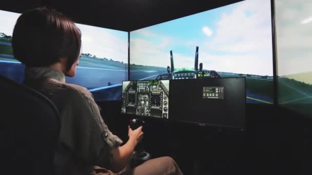 Rear View Caucasian Woman Having Fun Playing Flight Simulator Excited — Stock Video