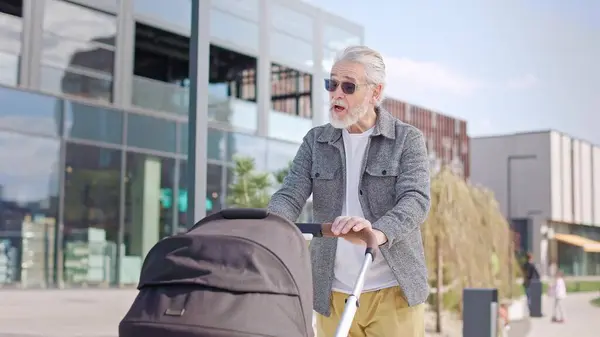 Pozitif gri saçlı büyükbaba siyah bebek arabası taşıyor ve cocukla coşkuyla konuşuyor. Güneş gözlüklü şık yakışıklı adam güzel modern parkta torunuyla vakit geçiriyor..