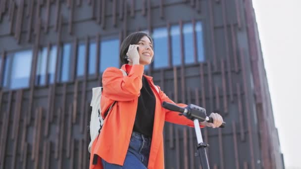 Side View Stylish Female Having Break Talking Wireless Smartphone Trip — Stock Video