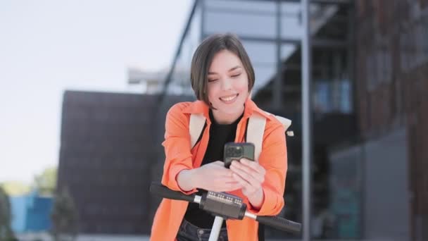 Portrait Positive Caucasian Female Distracting Using Modern Gadget Looking Camera — Stock Video