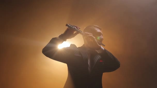 Müzikal Enstrüman Tutan Sahne Işıklarının Karşısında Duran Adamın Düşük Açılı — Stok video
