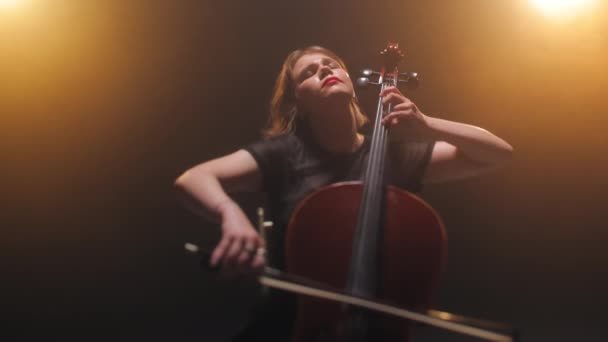 Attraktiv Kvinna Som Uppträder Medan Hon Håller Elegant Cello Och — Stockvideo