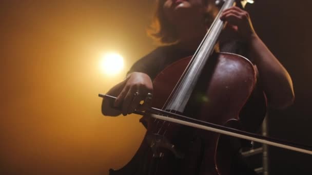 Beskär Känslomässiga Kvinnliga Musiker Spelar Cello Med Båge Medan Sitter — Stockvideo
