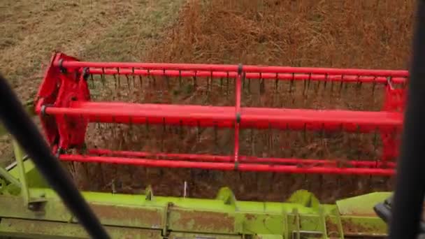 Впритул Вид Червоно Зелену Сільськогосподарську Машину Займається Збиранням Врожаю Трактор — стокове відео