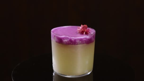 Bright Cocktail Consisting Bottom Layer White Creamy Liquid Purple Foam — Stockvideo
