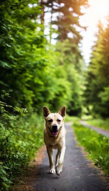 Köpek ormanda koşuyor. Evcil hayvan. Doğadaki evcil hayvan. Doğada hayvan yürüyüşü.