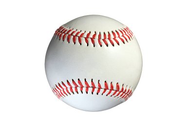 Beyaz arka planda izole edilmiş canlı kırmızı bağcıkları olan beyaz bir beyzbol topunun detaylı bir yakın çekimi. Spor temalarını, beyzbolla ilgili etkinlikleri veya eğitim kavramlarını resmetmek için ideal.