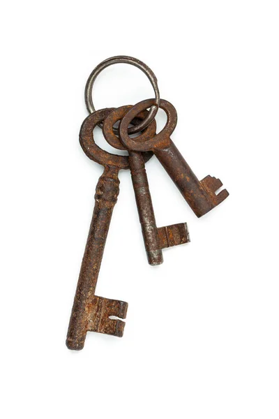 Ein Bündel Alter Vintage Schlüssel Auf Weißem Hintergrund Sicherheitskonzept — Stockfoto
