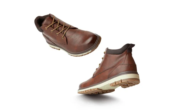Botas Cuero Marrón Botines Marrones Para Hombre Zapato Vuelo Aislado —  Fotos de Stock
