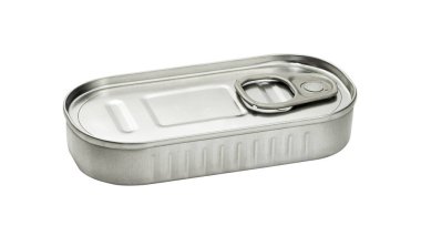 Teneke kutu sardalya ya da ançüez, beyaz arka planda izole edilmiş bir şekilde yakınlaşır. kırpma yolu ile