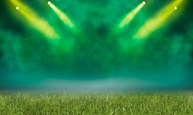Neon sisli çimen futbol sahası. Soyut çim spot ışıkları arka plan.
