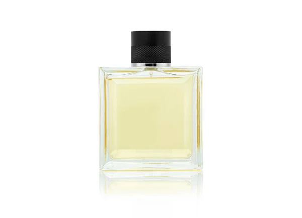 Frasco Amarillo Perfume Cerca Aislado Sobre Fondo Blanco Con Camino — Foto de Stock