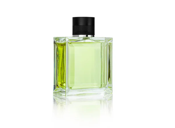 Sticla Verde Parfum Închide Izolată Fundal Alb Cale Tăiere — Fotografie, imagine de stoc