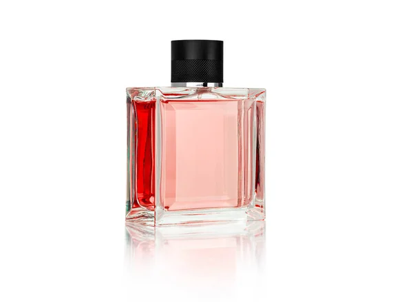 Czerwona Butelka Perfum Zamyka Się Białym Tle Ścieżką Wycinania — Zdjęcie stockowe