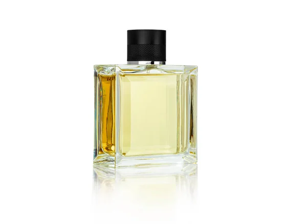 Frasco Amarillo Perfume Cerca Aislado Sobre Fondo Blanco Con Camino — Foto de Stock