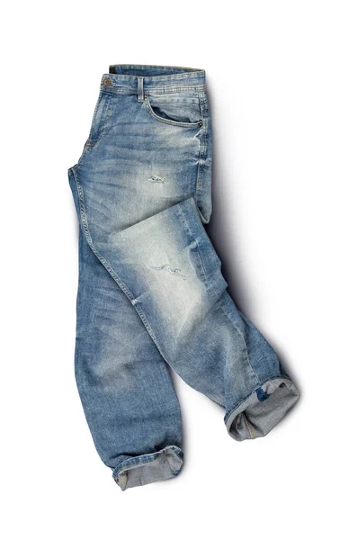 Calça Jeans Azul Isolada Sobre Fundo Branco Vista Superior Com — Fotografia de Stock
