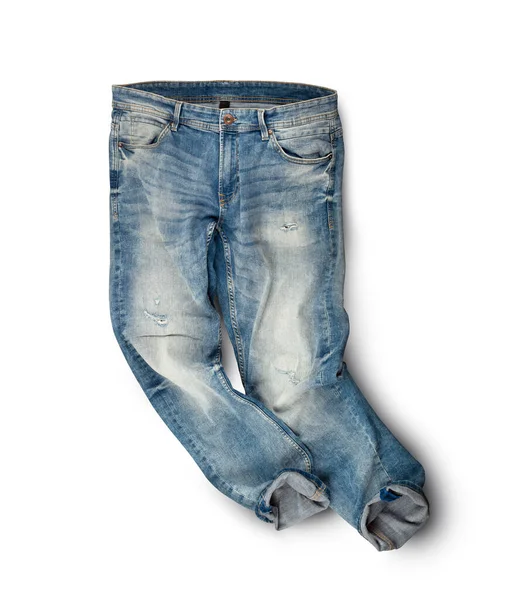 Pantalones Vaqueros Azules Aislados Sobre Fondo Blanco Vista Superior Con —  Fotos de Stock