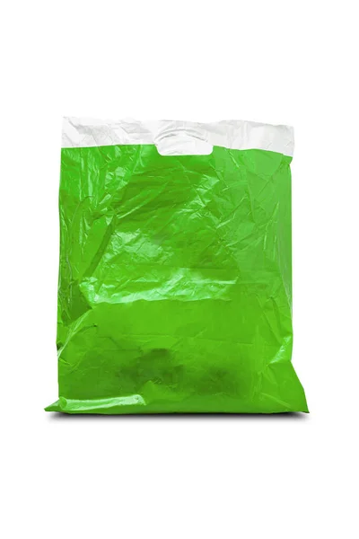 Close Saco Plástico Verde Usado Isolado Fundo Branco Com Caminho — Fotografia de Stock