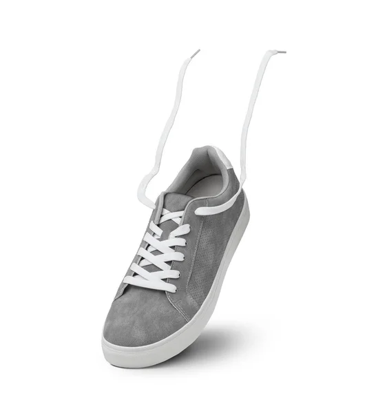 Lederen Grijze Heren Sneakers Met Witte Kant Rubberen Zolen Geïsoleerd — Stockfoto