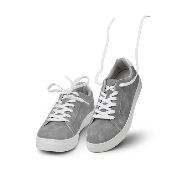 Lederen Grijze Heren Sneakers Met Witte Kant Rubberen Zolen Geïsoleerd — Stockfoto