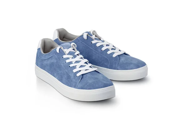 Zapatillas Deporte Para Hombre Color Azul Cuero Con Cordones Blancos —  Fotos de Stock