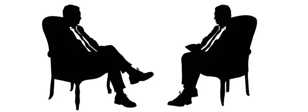 Силуэты Двух Мужчин Ведущих Беседу Сидящих Классических Креслах Устранитель — стоковый вектор
