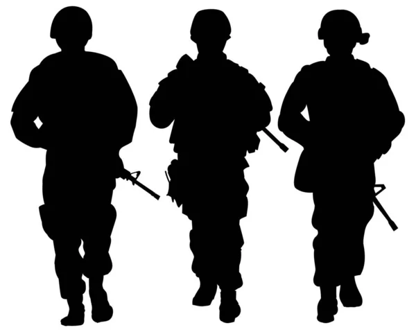 Una Truppa Soldati Armatura Con Mitragliatrici Vista Frontale Silhouette Nera — Vettoriale Stock