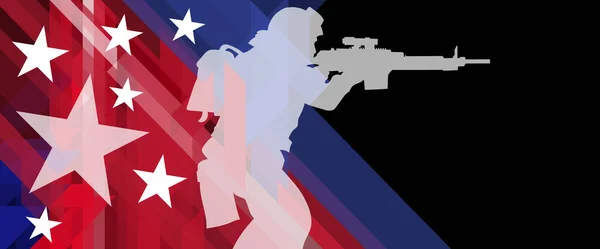 Εικονογράφηση Σιλουέτα Ενός Στρατιώτη Στο Φόντο Ενός Στυλ Αμερικανική Σημαία — Διανυσματικό Αρχείο